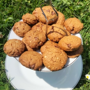 des cookies aux chocolat au lait miel dans une assiette de présentation au milieu de l'herbes